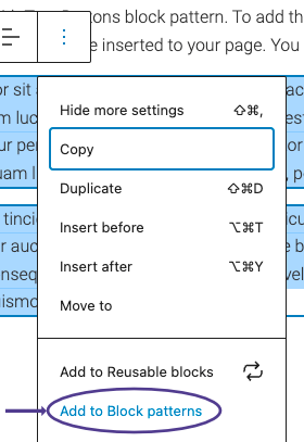 Screenshot: how to add selected blocks to block patterns